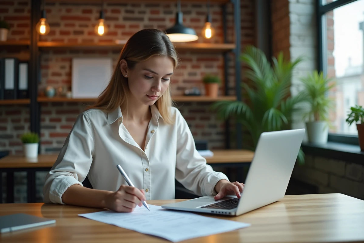 Jeune comptable v&eacute;rifiant ses chiffres au bureau