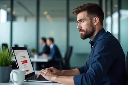 Homme en chemise bleue regardant un message d'erreur sur un client de messagerie Zimbra bloqué