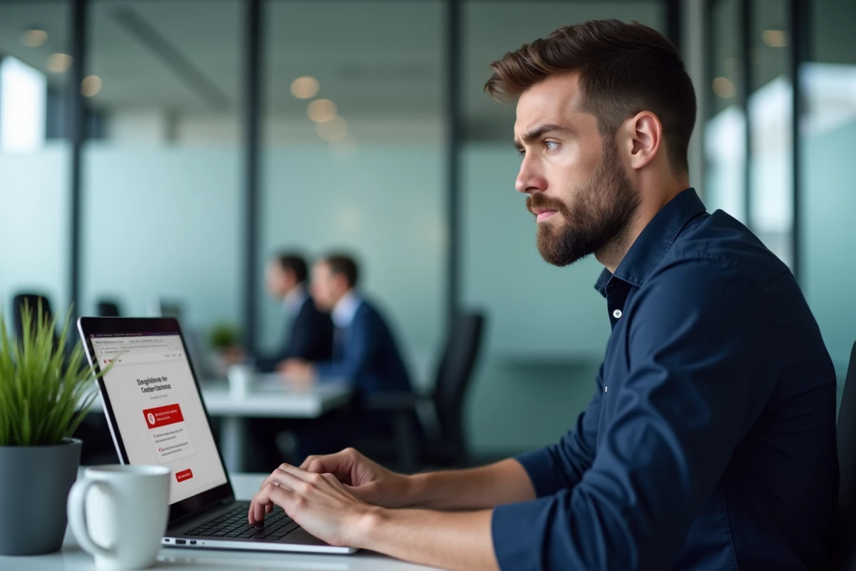 Homme en chemise bleue regardant un message d'erreur sur un client de messagerie Zimbra bloqué