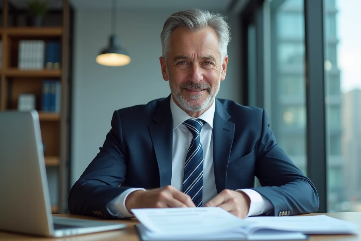 Conseiller d'affaires confiant en costume navy dans un bureau moderne