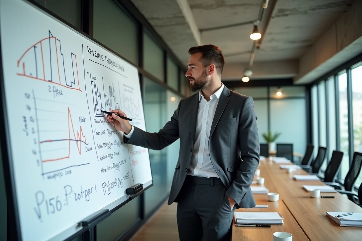 Consultant B2B masculin devant un tableau blanc avec des calculs de seuil de rentabilité en salle de réunion coworking