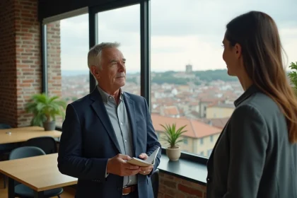 Consultant senior discutant avec une collègue dans un espace de coworking régional avec vue sur une ville de province française