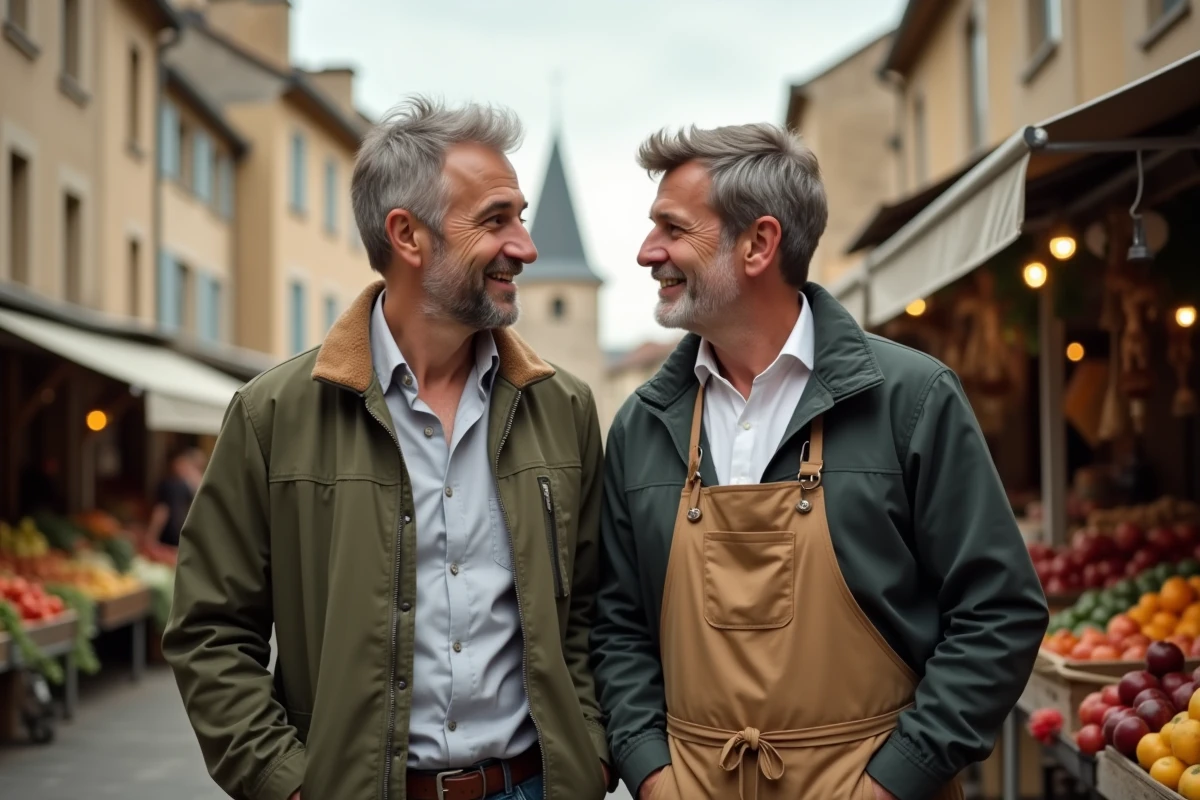 Consultant senior échangeant avec un entrepreneur local sur un marché de plein air dans une ville régionale française
