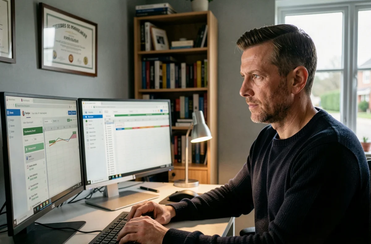 Consultant SEO indépendant travaillant sur une stratégie de liens et de contenu depuis un bureau à domicile