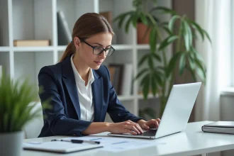 Consultante B2B femme calculant ses honoraires rentables sur ordinateur portable dans un bureau professionnel moderne