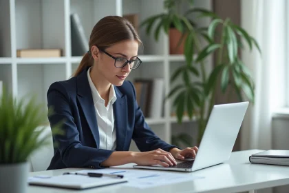 Consultante B2B femme calculant ses honoraires rentables sur ordinateur portable dans un bureau professionnel moderne