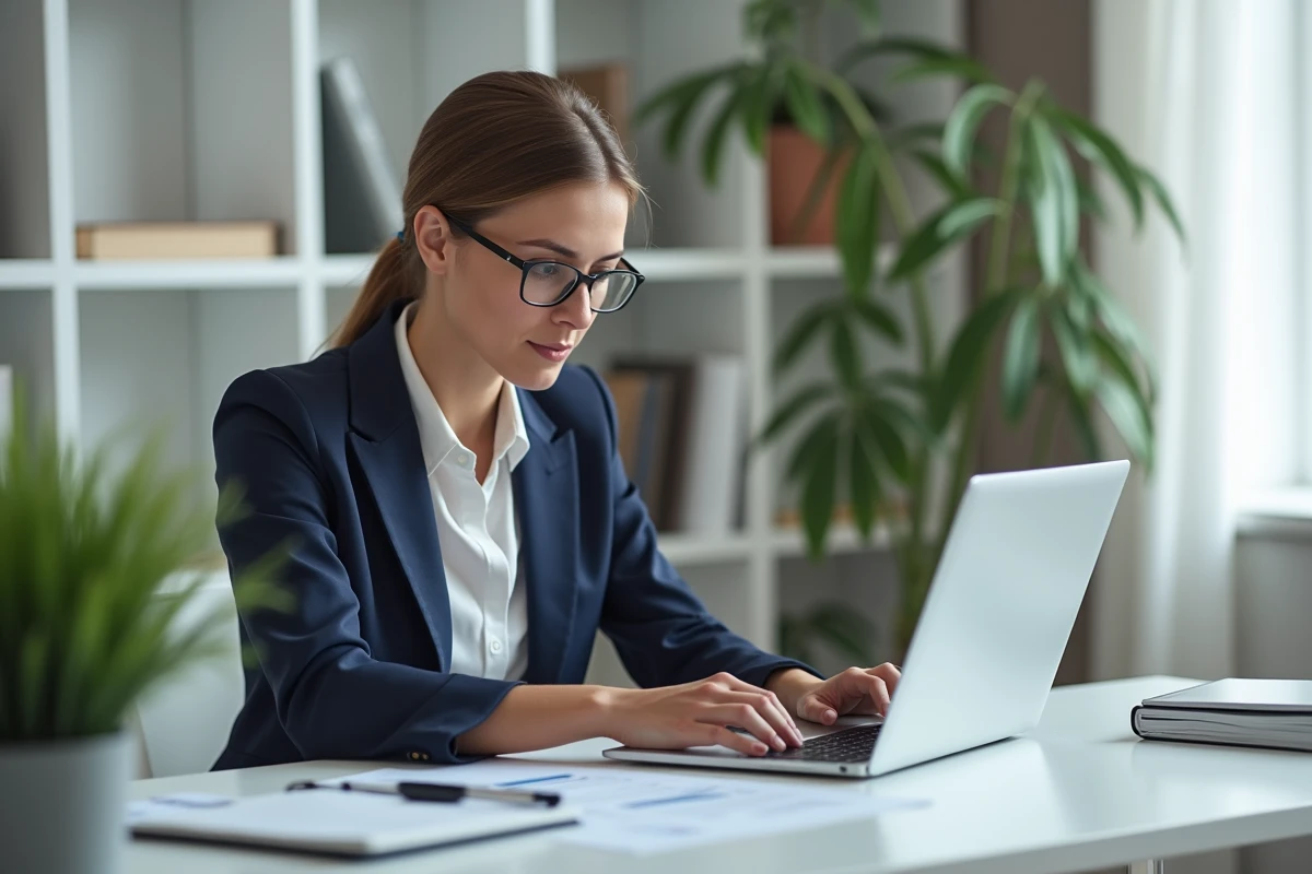 Consultante B2B femme calculant ses honoraires rentables sur ordinateur portable dans un bureau professionnel moderne