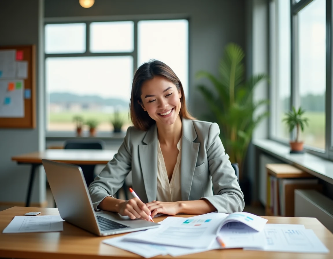 Consultante en développement durable analysant les résultats d'entreprises accompagnées par un pôle éco-industriel, dans un bureau collaboratif moderne