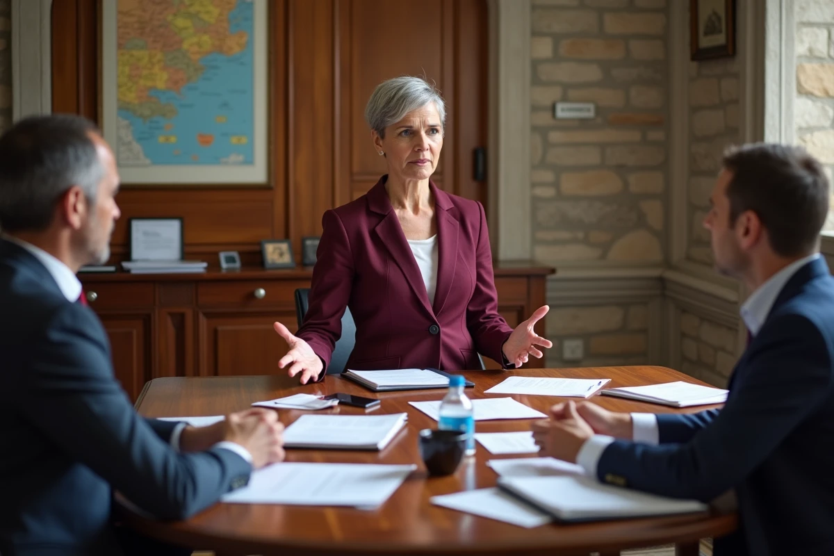 Consultante senior en réunion stratégique avec des dirigeants locaux dans une salle de réunion d'une chambre de commerce en région