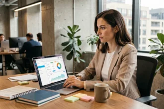 Consultante SEO analysant des données de référencement naturel sur un ordinateur portable dans un bureau moderne