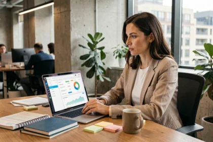 Consultante SEO analysant des données de référencement naturel sur un ordinateur portable dans un bureau moderne