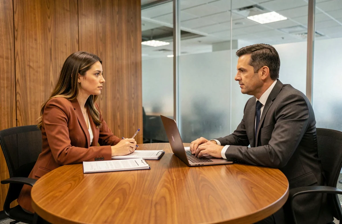 Consultation professionnelle entre un conseiller et un futur créateur d'entreprise dans une salle de réunion