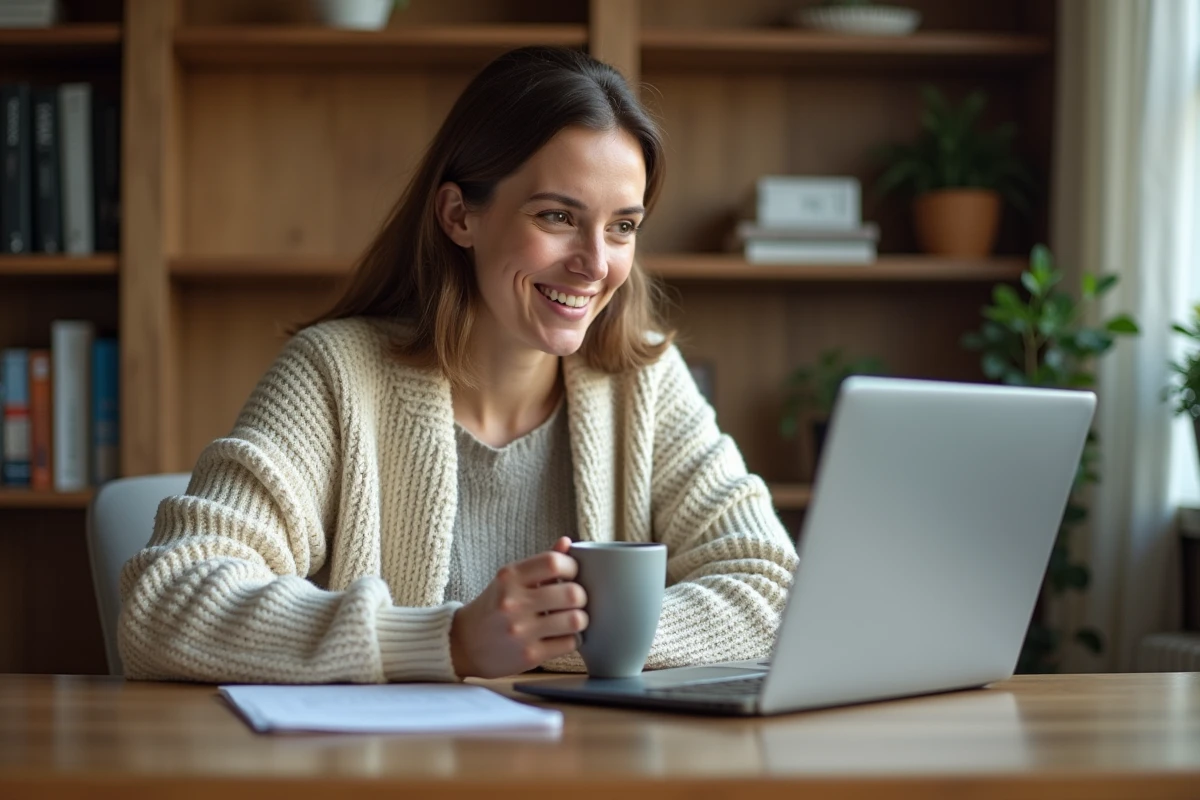 Femme consultant l'historique d'un véhicule d'occasion sur ordinateur portable à son bureau à domicile