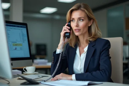 Une professionnelle en blazer marine passe un appel téléphonique au service client DB Schenker depuis son bureau d'entreprise