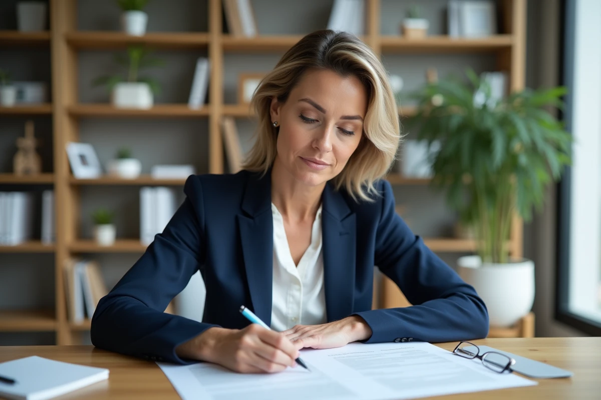 Femme cadre en blazer marine révisant un contrat de travail à 151,67 heures dans un bureau moderne