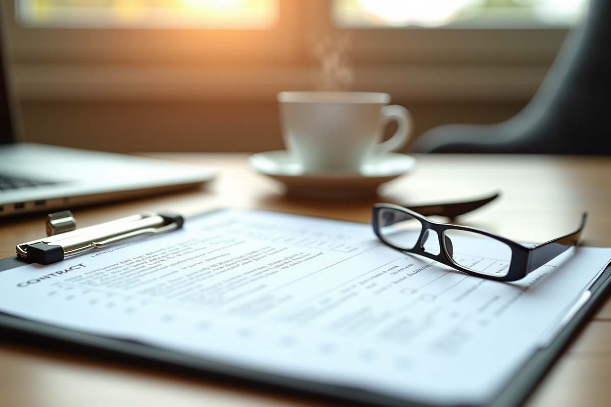 Classeur avec contrat lecture lunettes et tasse de cafe sur une table en bois