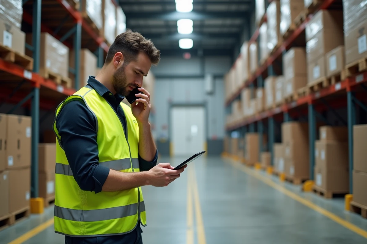 Un coordinateur logistique en entrepôt contacte DB Schenker par téléphone pour organiser l'expédition de marchandises