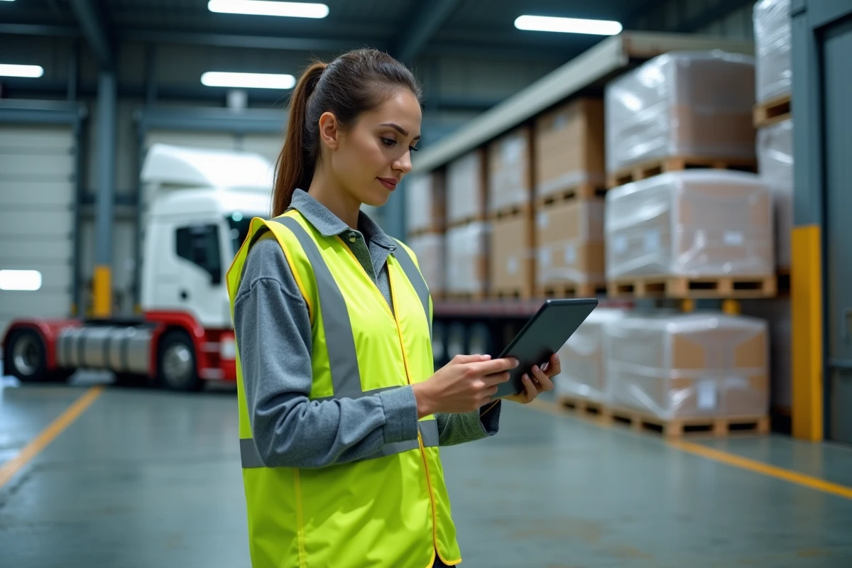 Coordinatrice logistique avec tablette numérique sur un quai de chargement dans un terminal de fret