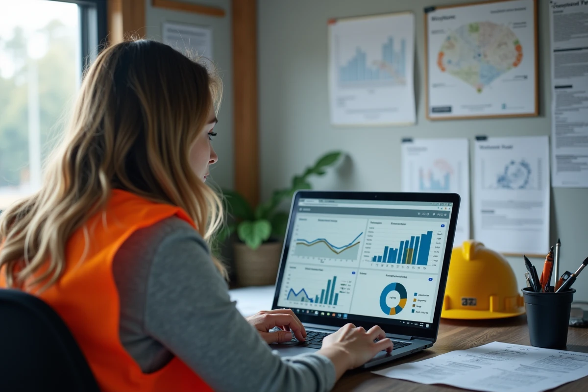 Coordinatrice de projet BTP analysant les coûts et le suivi des équipes sur un ordinateur portable dans un bureau de chantier