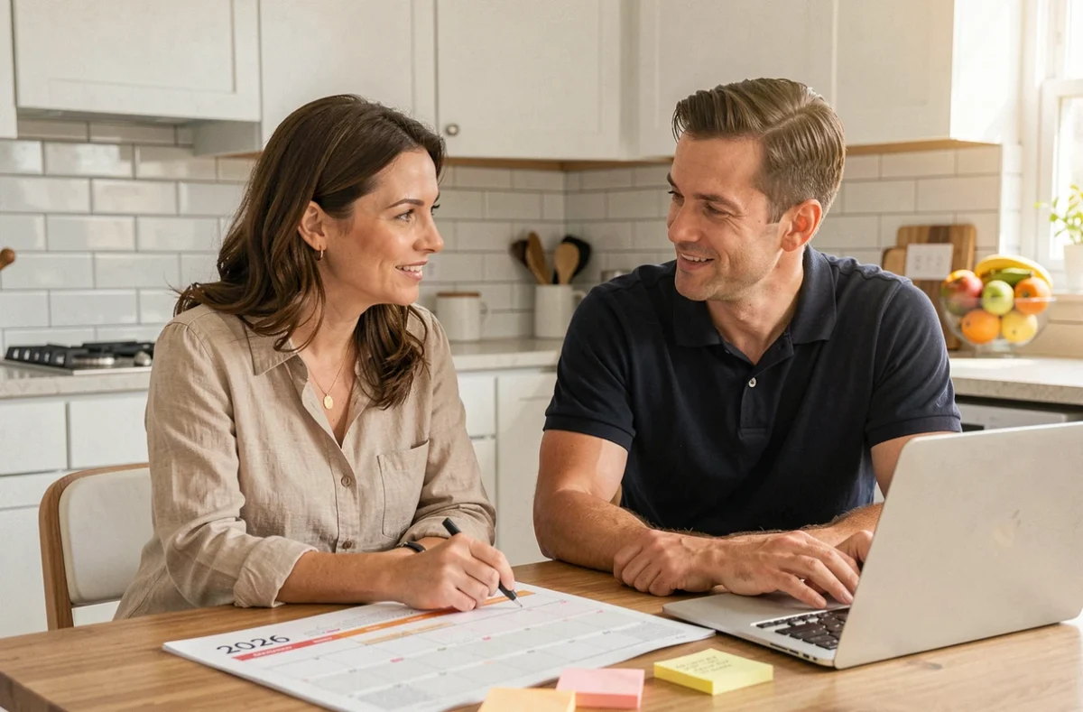 Couple planifiant ensemble les jours travaillés et les congés de 2026 autour d'un agenda annuel dans une cuisine moderne