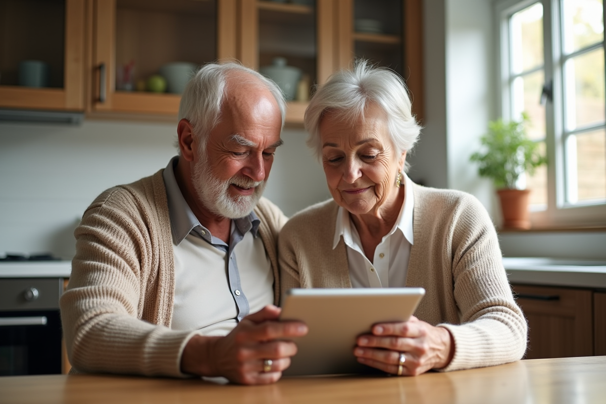 Un couple âgé regarde une tablette dans une cuisine lumineuse