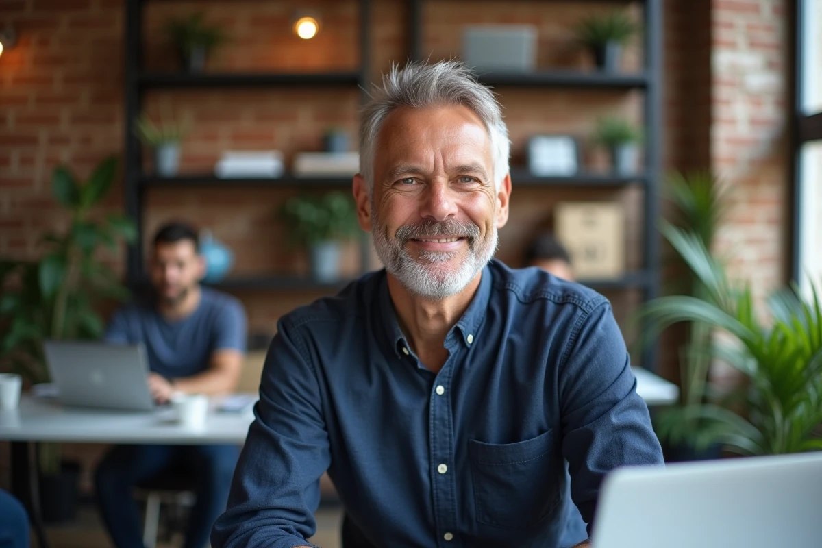 Homme en télétravail dans un espace de coworking en province française loin de Paris