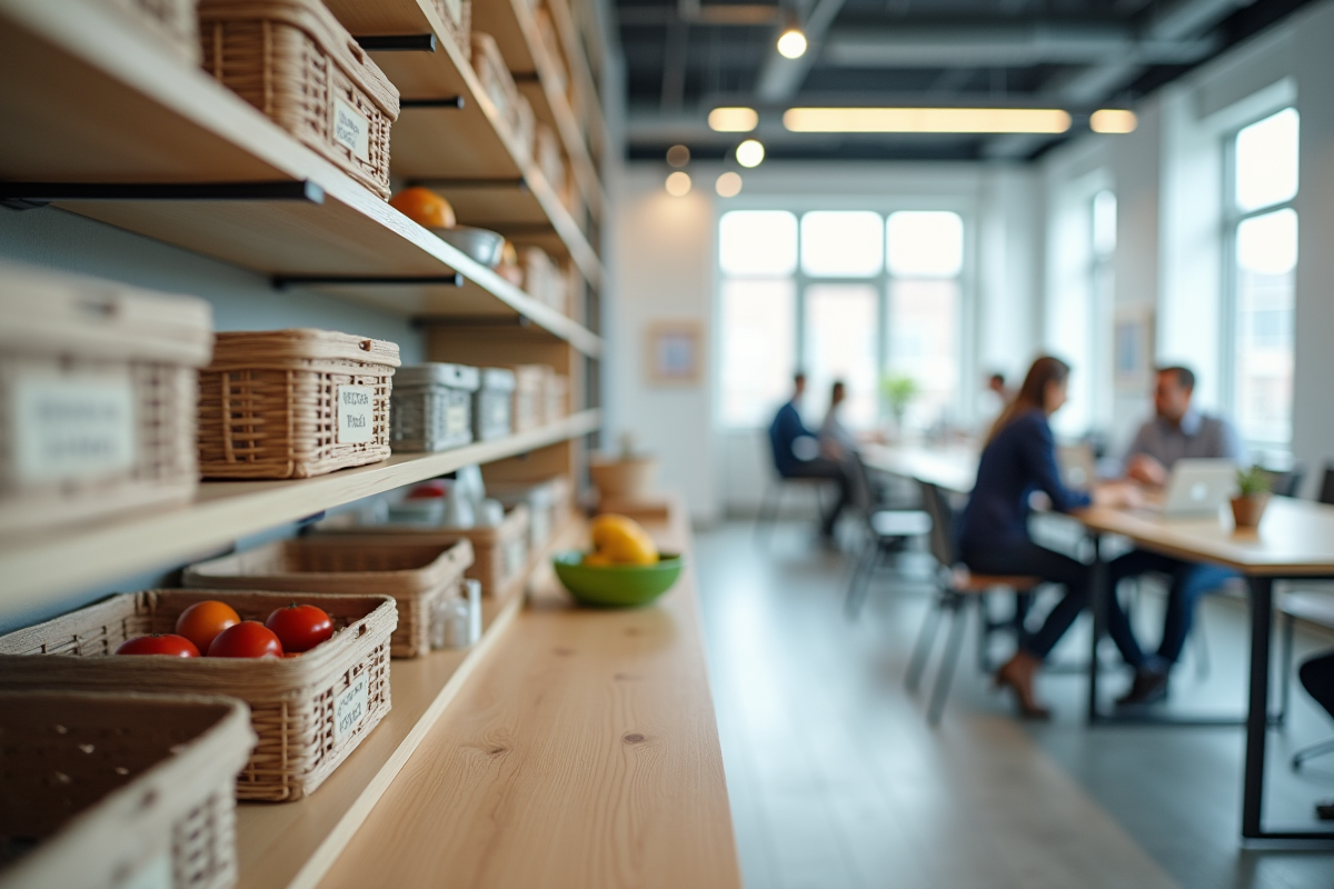 Etagere bien rangee avec paniers repas et containers reutilisables