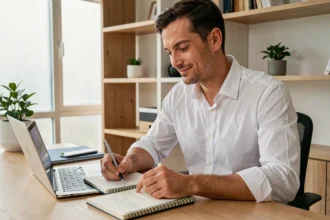 Jeune entrepreneur débutant prenant des notes sur ses stratégies d'investissement crypto devant un ordinateur portable