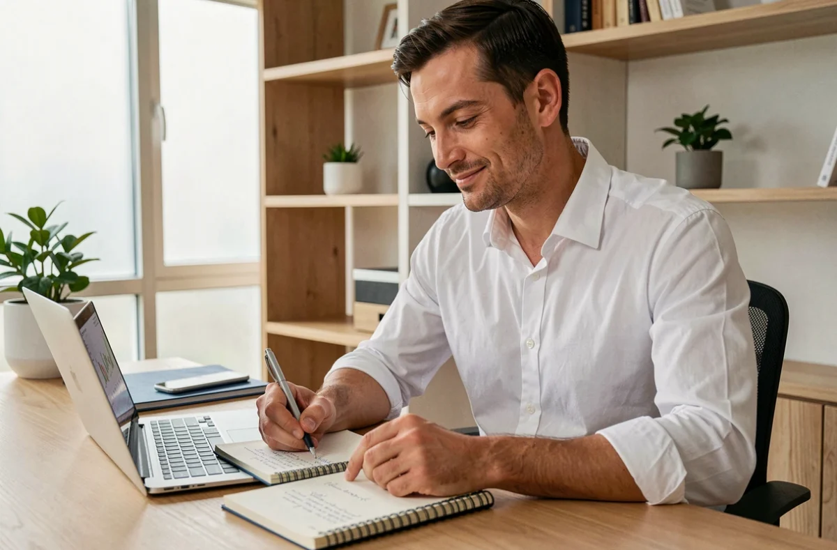 Jeune entrepreneur débutant prenant des notes sur ses stratégies d'investissement crypto devant un ordinateur portable
