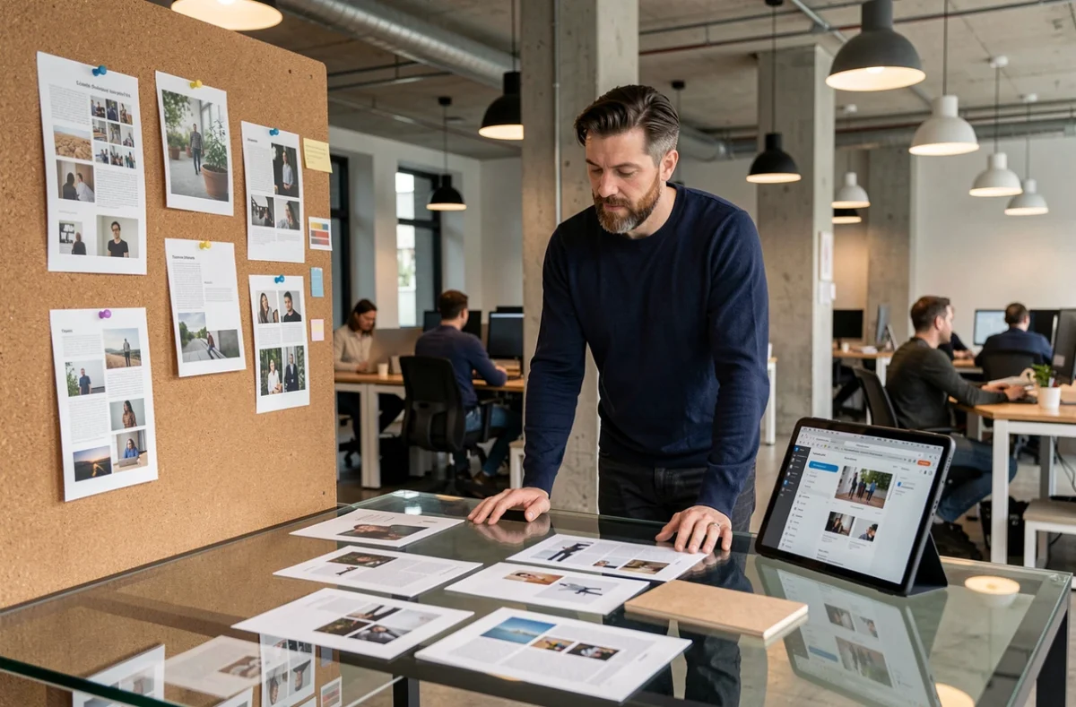Designer en agence comparant des ressources graphiques premium Envato Elements sur tablette et supports imprimés