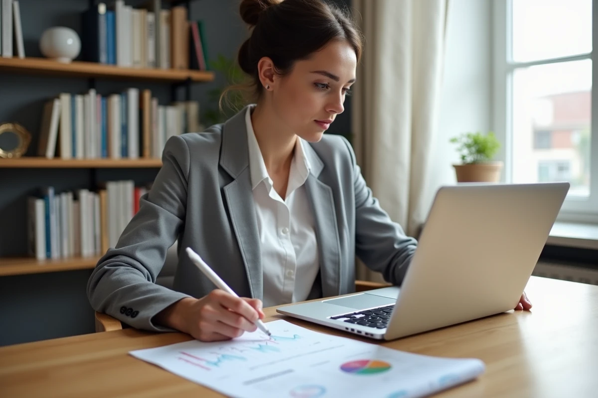 Designer UX féminine analysant des données analytiques et des wireframes pour optimiser un site vitrine SaaS dans un bureau à domicile