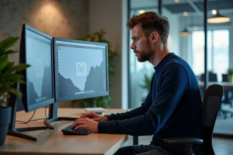 Développeur web analysant deux maquettes de site SaaS sur un écran ultrawide dans un bureau moderne de startup roumaine