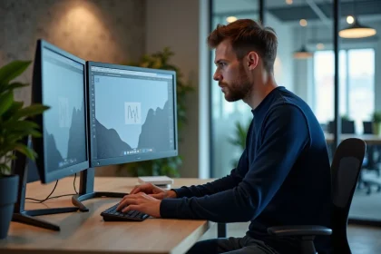 Développeur web analysant deux maquettes de site SaaS sur un écran ultrawide dans un bureau moderne de startup roumaine