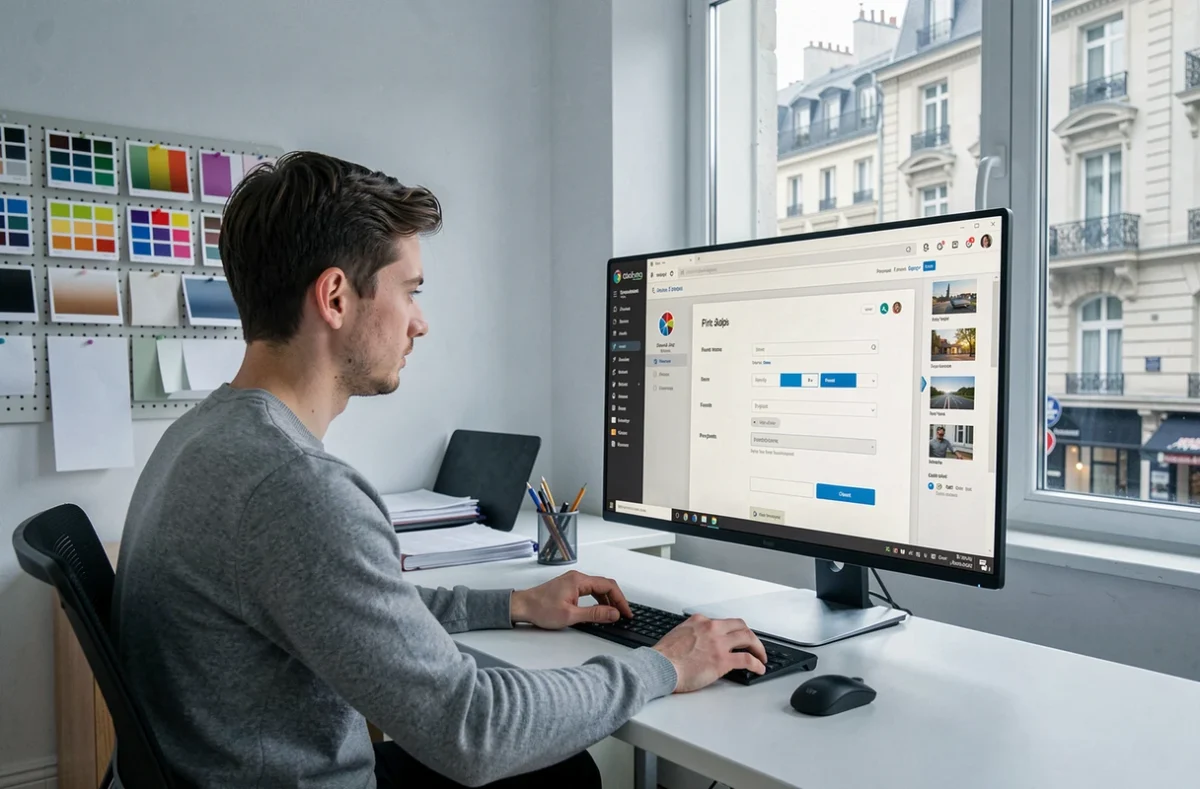 Graphiste configurant un devis d'impression en ligne sur un ordinateur dans un studio moderne à Paris