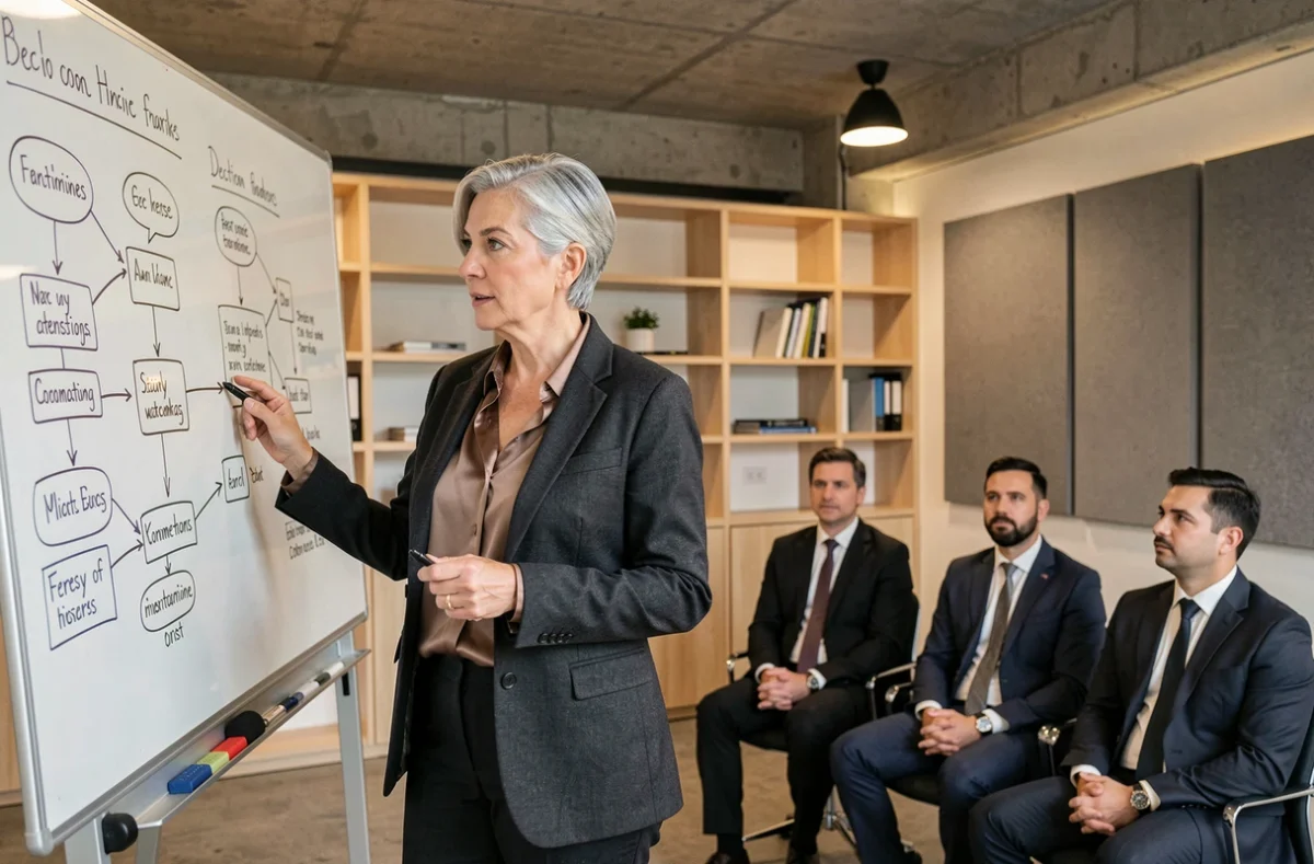 Directrice générale expliquant les relations entre le directoire et le conseil de surveillance lors d'une réunion stratégique