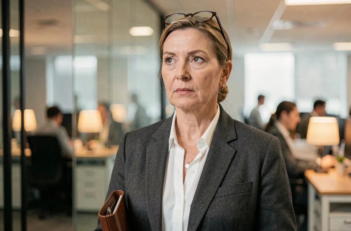 Portrait d'une directrice financière senior dans un couloir de bureau corporate, tenant un portfolio, symbolisant la gouvernance et la stratégie d'un grand groupe