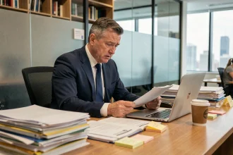 Dirigeant d'entreprise débordé assis à un bureau encombré de dossiers dans un open space moderne
