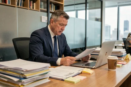Dirigeant d'entreprise débordé assis à un bureau encombré de dossiers dans un open space moderne