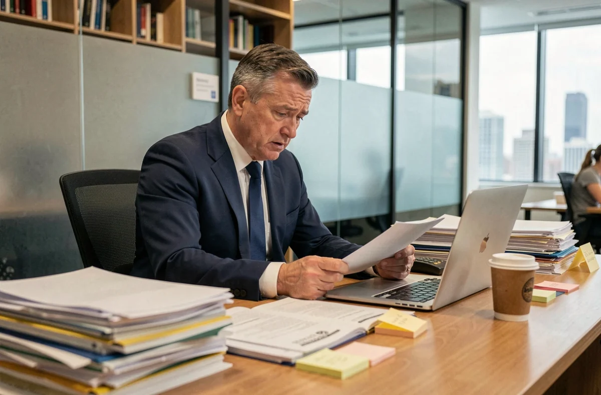 Dirigeant d'entreprise débordé assis à un bureau encombré de dossiers dans un open space moderne