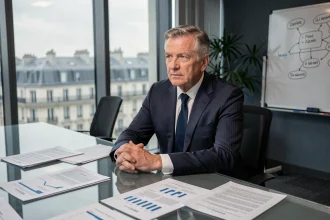 Dirigeant exécutif senior assis en salle de réunion corporate avec des documents financiers sur la table, évoquant une prise de décision stratégique au sein d'un grand groupe
