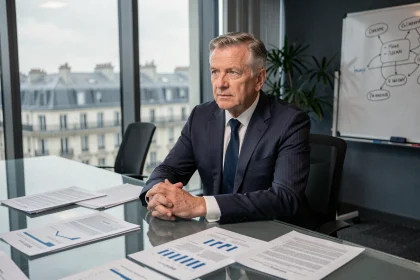 Dirigeant exécutif senior assis en salle de réunion corporate avec des documents financiers sur la table, évoquant une prise de décision stratégique au sein d'un grand groupe