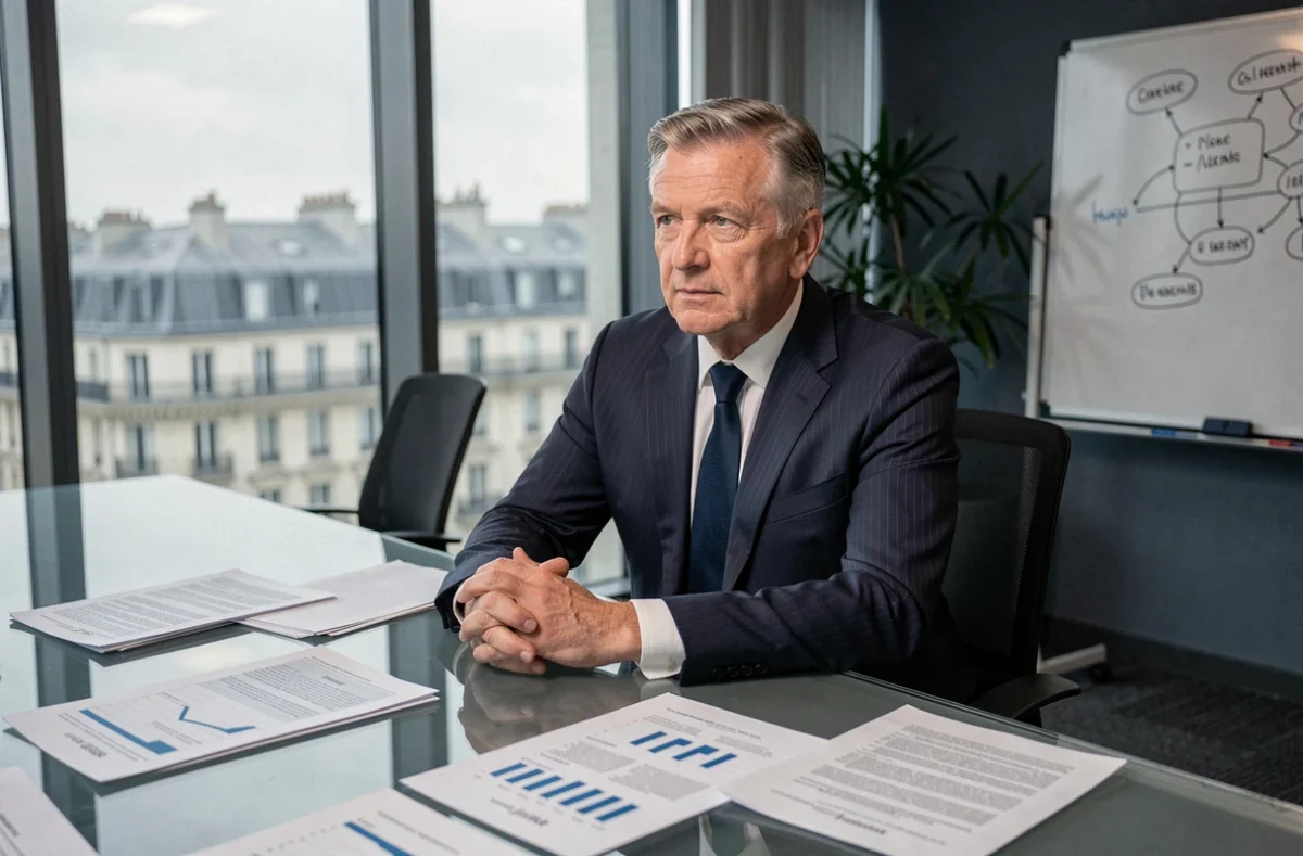Dirigeant exécutif senior assis en salle de réunion corporate avec des documents financiers sur la table, évoquant une prise de décision stratégique au sein d'un grand groupe