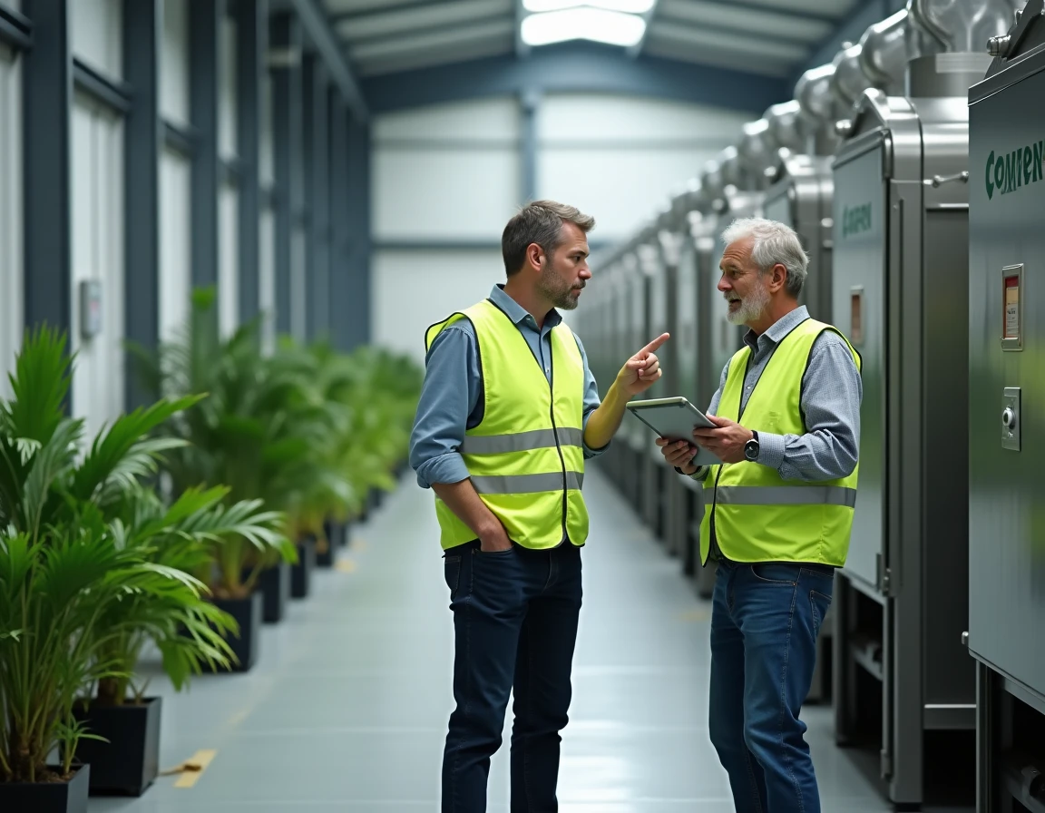 Deux professionnels discutant des résultats d'accompagnement dans un atelier de production éco-industrielle, illustrant le retour d'expérience des entreprises du pôle