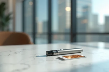 Dispositif de tabac chauffé Philip Morris posé sur un bureau en marbre blanc dans un cadre professionnel moderne