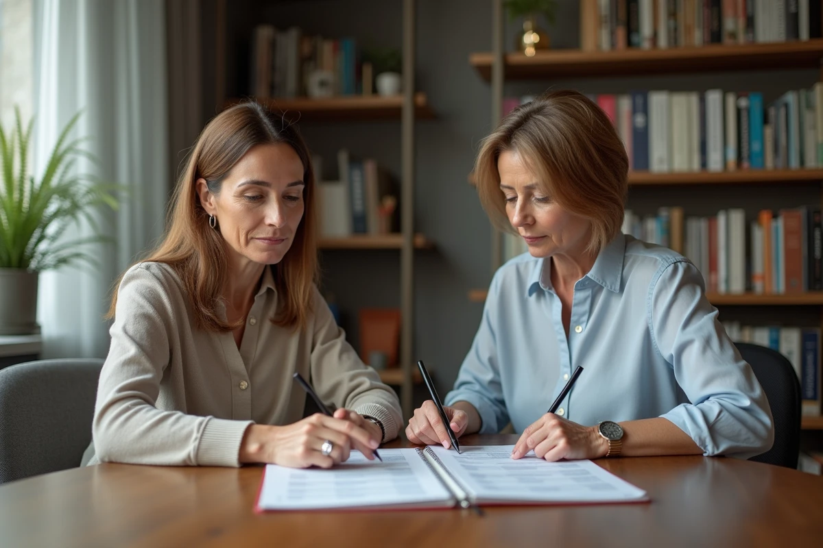 Deux femmes examinent des documents fiscaux ensemble à domicile, symbolisant la question de l'imposition des services rendus à un proche
