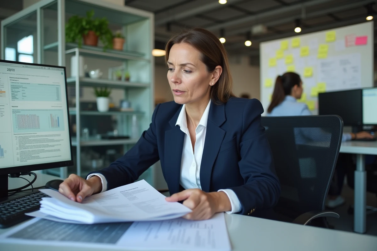 DRH femme débordée à son bureau avec des dossiers RH et doubles écrans dans un open-space moderne