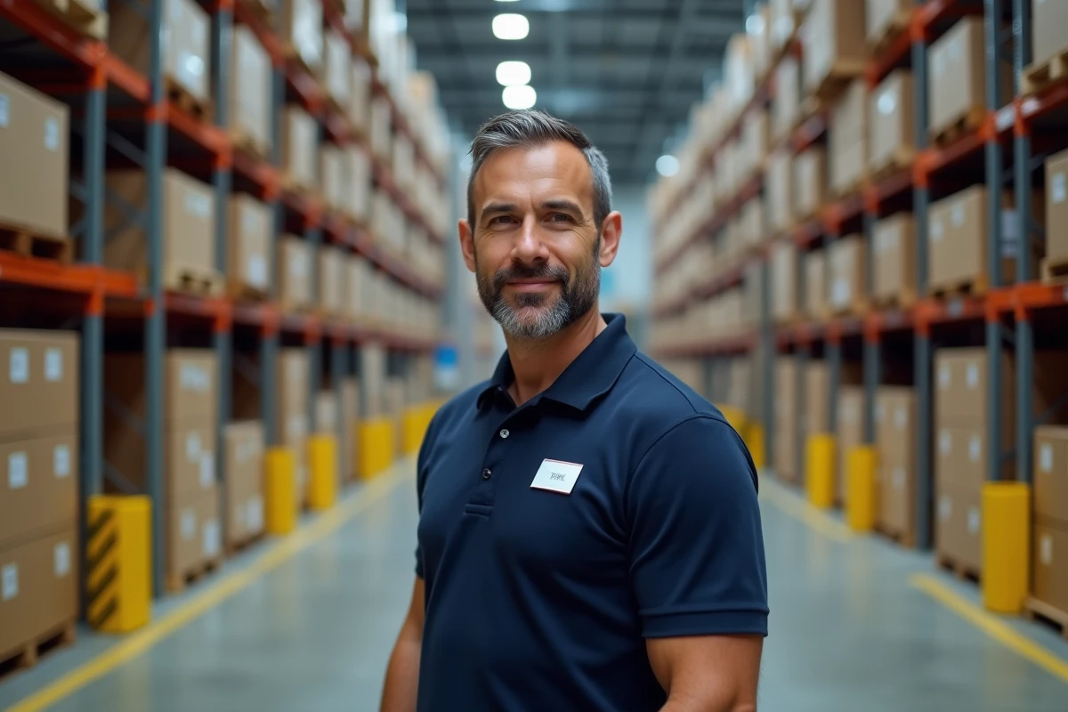 Employé Kühne Nagel en entrepôt logistique moderne avec rayonnages et marquages de sécurité
