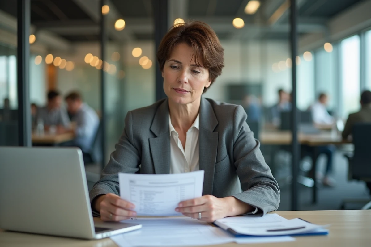 Employée de bureau consultant des documents sur les avantages salariés offerts par le comité d'entreprise Loxam