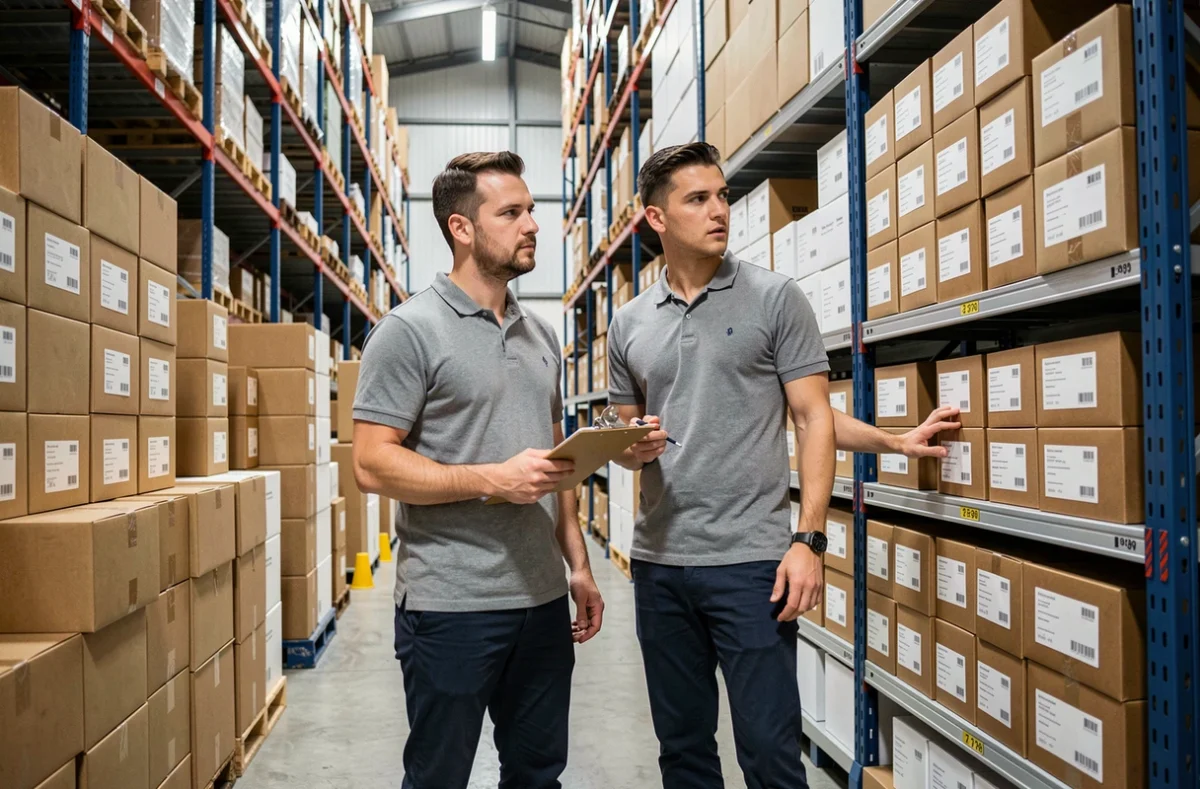 Responsable logistique en entrepôt inspectant des stocks de boîtes cadeaux pour une commande professionnelle en gros