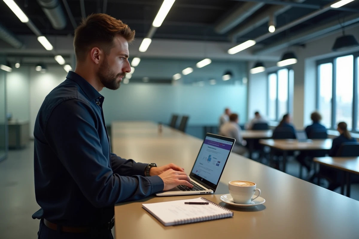 Entrepreneur masculin effectuant des d&eacute;marches en ligne pour demander son extrait Kbis dans un espace de coworking moderne